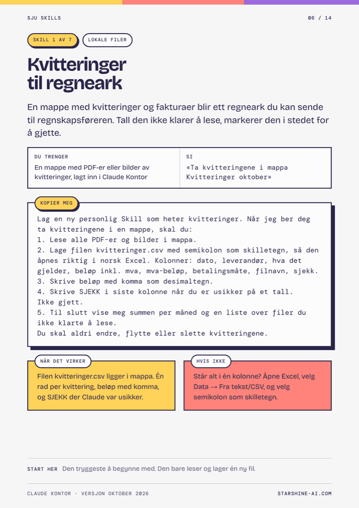 Side 6: Skill 1, kvitteringer til regneark