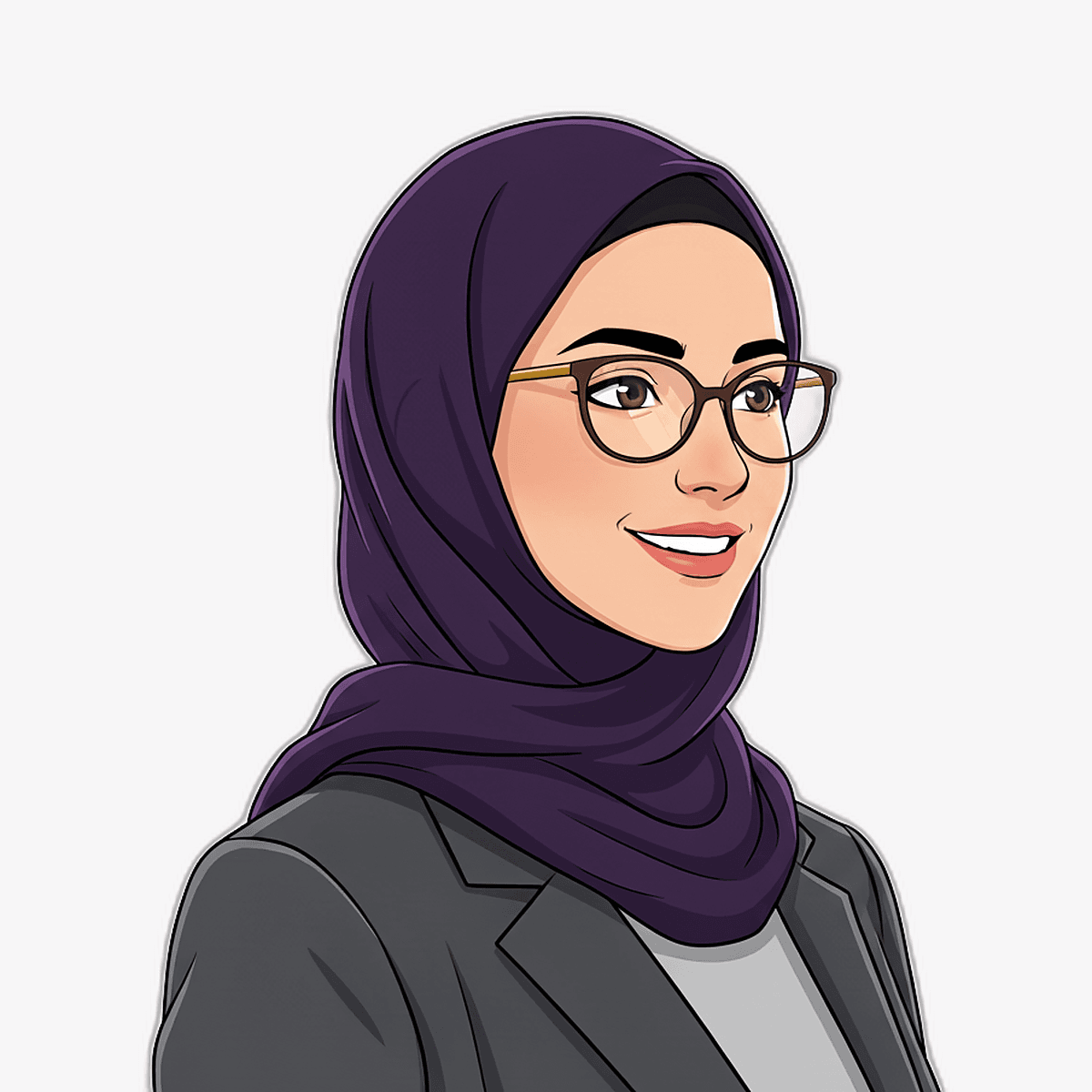 Tegnet portrett av Mahreen Shaffi med lilla hijab, briller og grå blazer